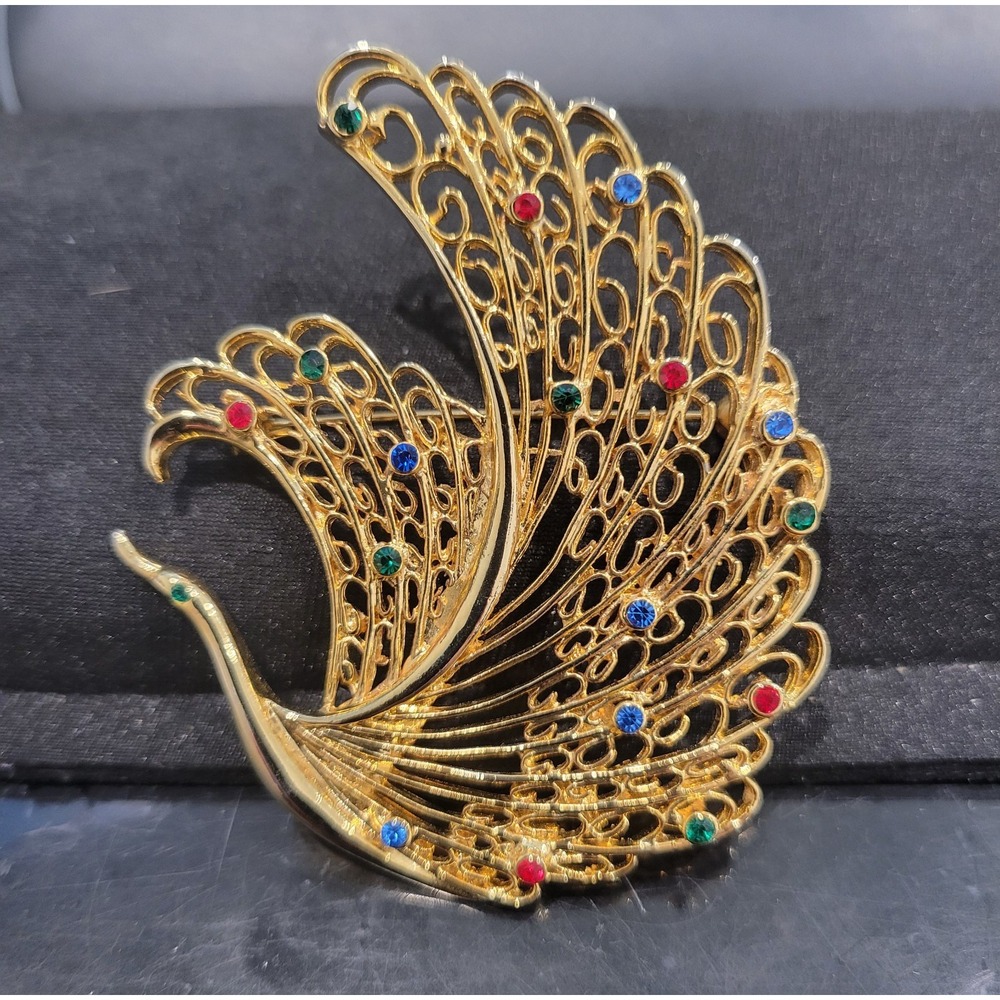 Vintage Gold-tone Filigree Peacock Brooch With Rhinestones